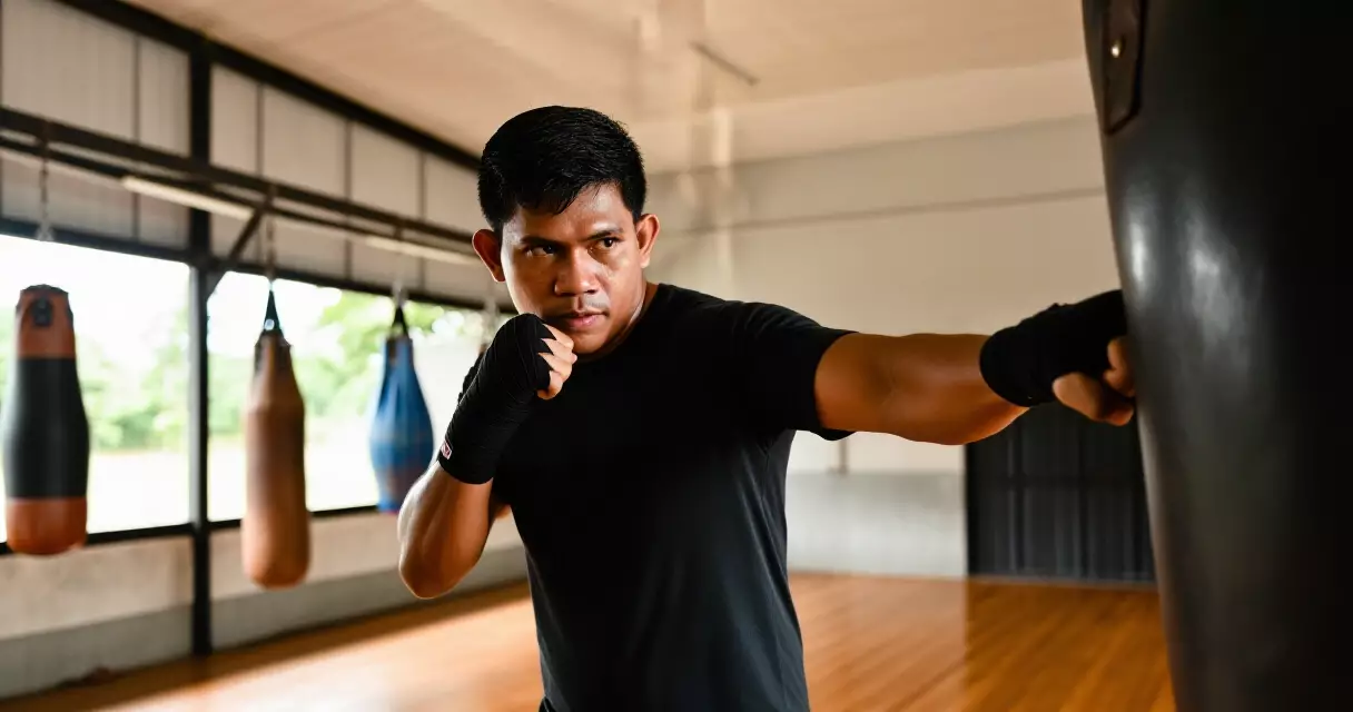 Filipino man exercising in a boxing gym using a punching bag