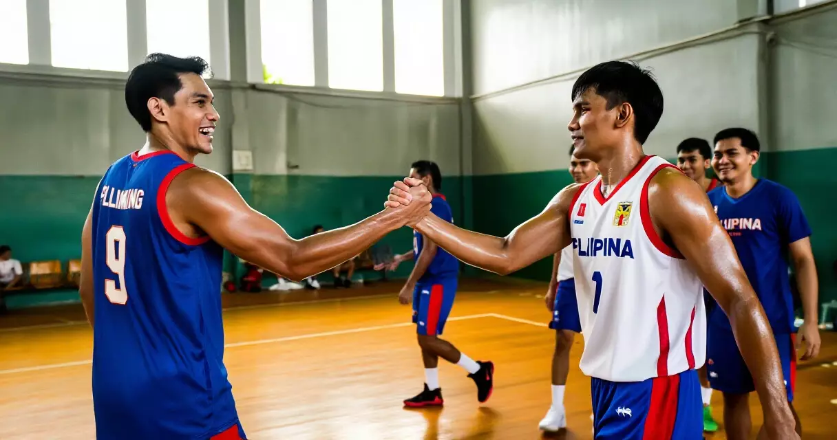 Dalawang manlalaro ng PBA nagkukumustahan pagkatapos ng opisyal na kasunduan sa loob ng basketball gym
