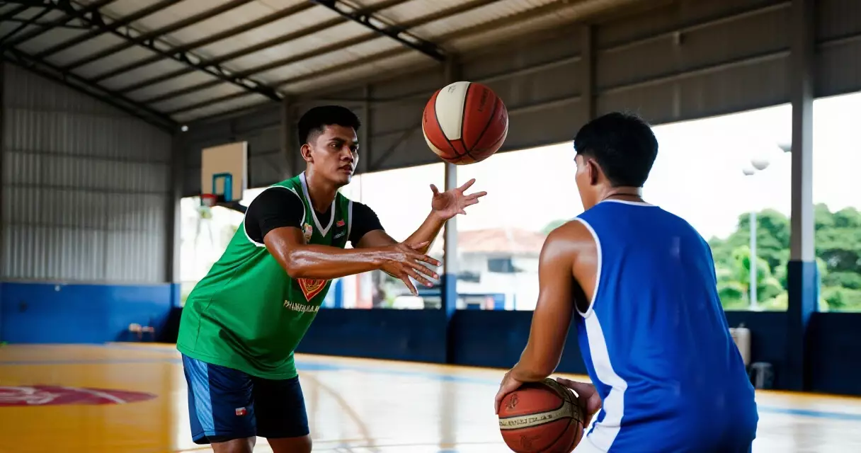Basketball players inside a gym in the Philippines, training before the new season