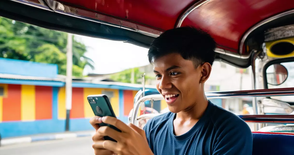 Pilipinong lalaki na nanonood ng live sports update sa smartphone sa loob ng jeepney