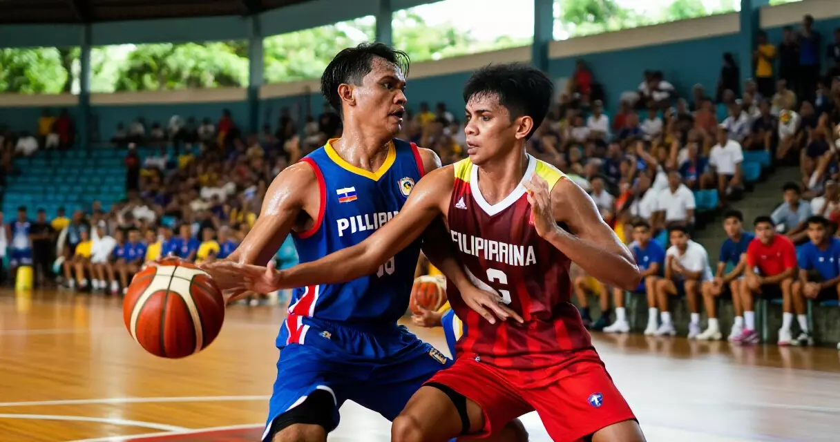 Dalawang Filipino na manlalaro ng basketball na nagtatagisan sa isang palakasan