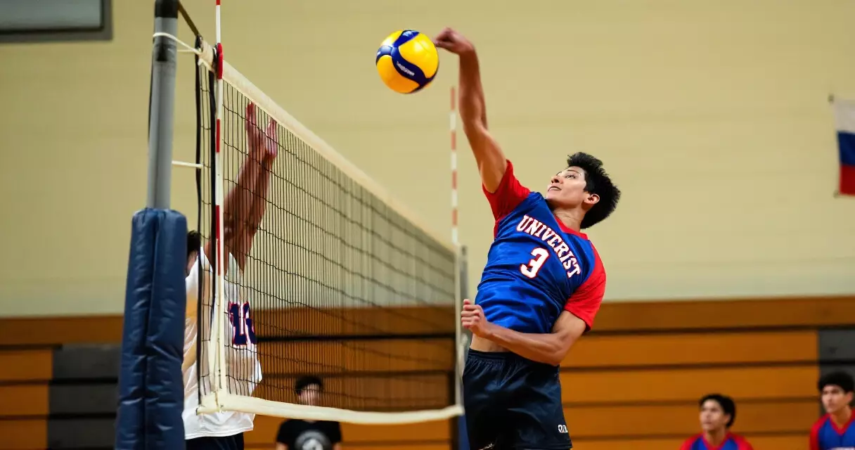 UAAP volleyball player performing a spike inside a gymnasium