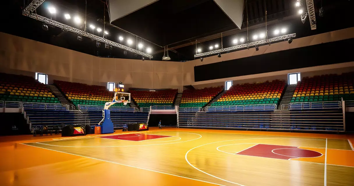 Inside a professional basketball arena in the Philippines with a hardwood court