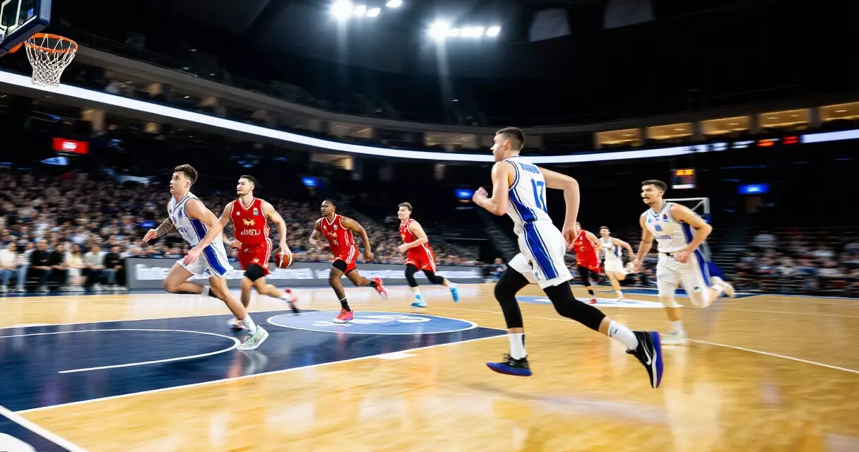 Mabilisang fast-break play sa loob ng basketball arena na may mga manlalaro na tumatakbo