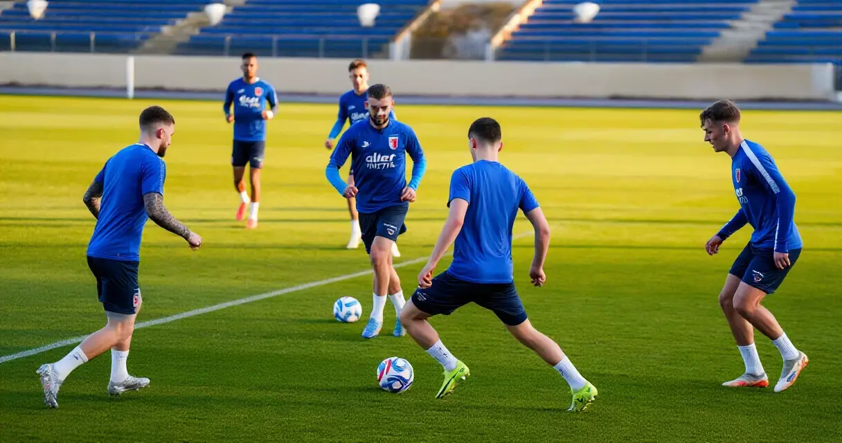 Philippine national football team players training on the green pitch