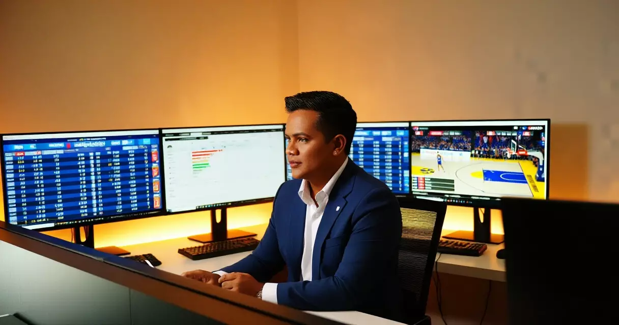 Filipino sports journalist sa modernong newsroom na gumagamit ng digital stats tools para sa PBA coverage