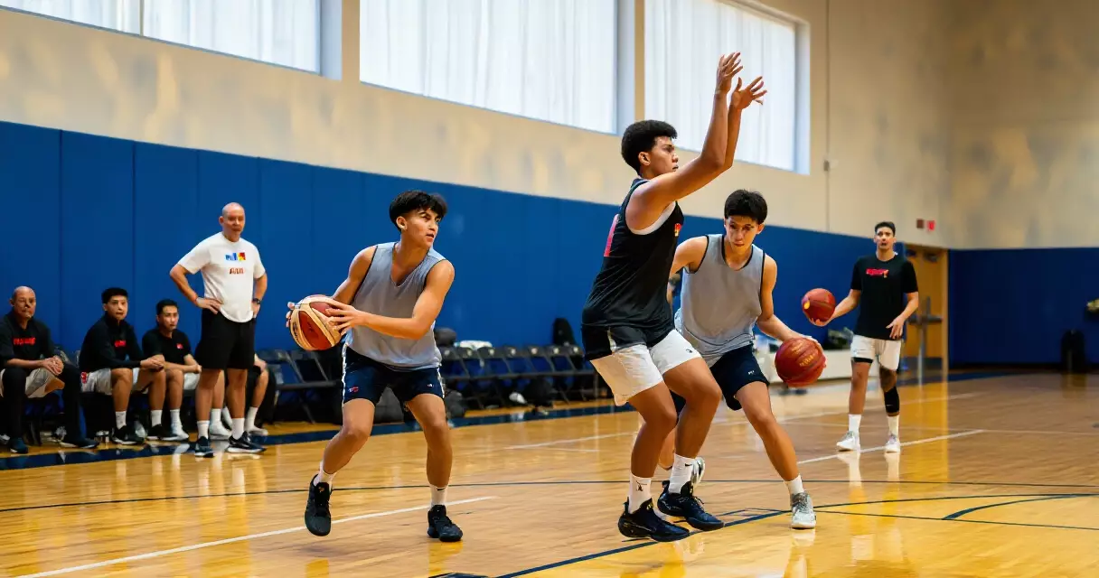 Young Filipino basketball players at PBA Rookie Draft tryout, practicing on a basketball court