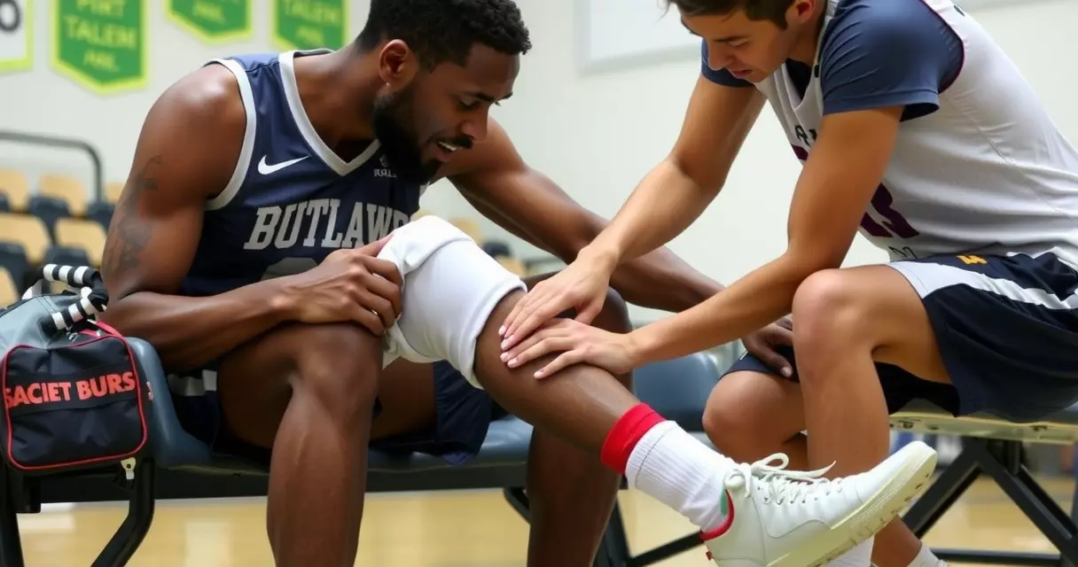 Manlalaro ng basketball na nagpapagaling ng tuhod sa tulong ng physical therapist