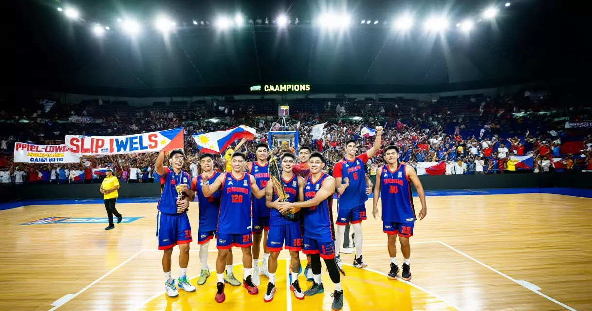 Mga manlalaro ng basketball na nagdiriwang ng kampeonato sa loob ng isang malaking arena