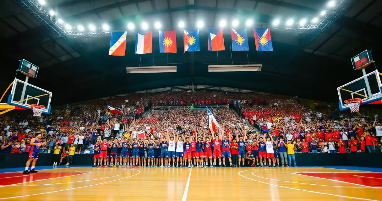 Masayang madla sa isang indoor sports arena sa Pilipinas na may puno ng fans