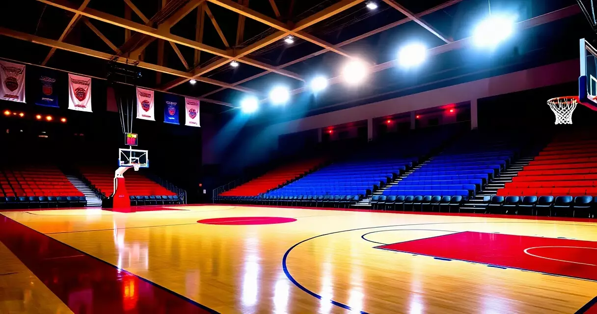Indoor basketball arena na may maliwanag na ilaw at makukulay na upuan ng mga tagahanga