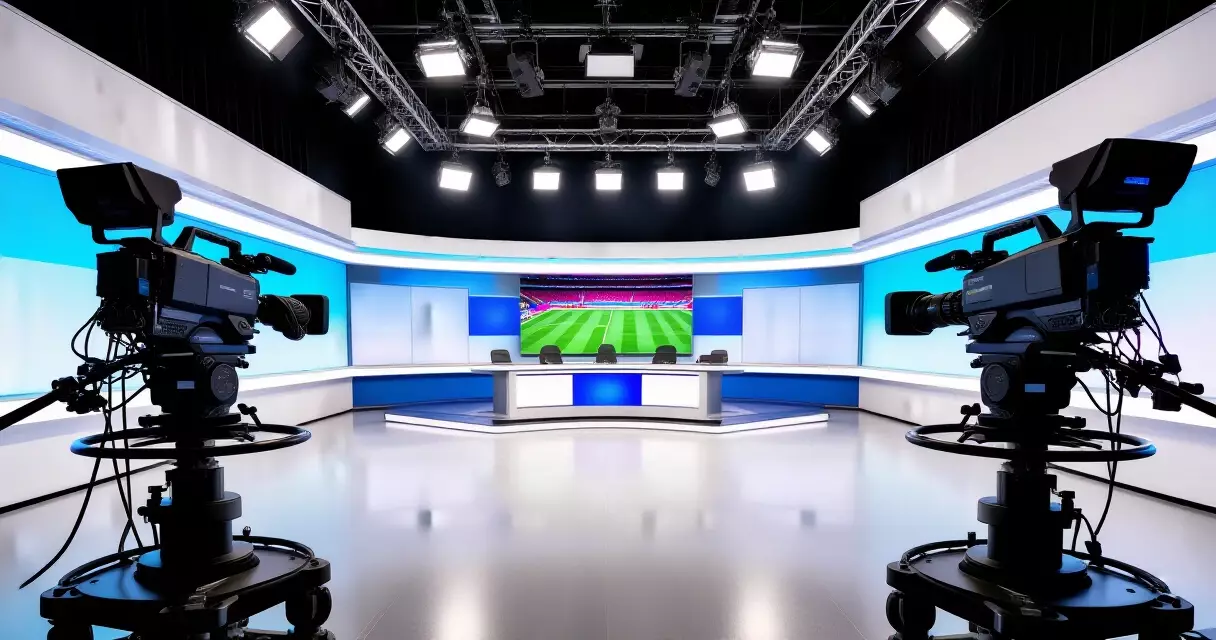 Loob ng isang modernong sports broadcast studio na may mga professional na kamera at ilaw
