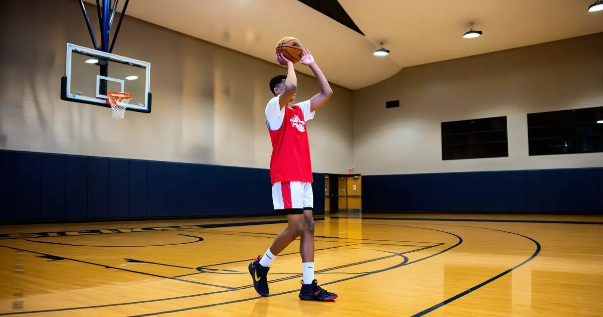 Batang basketball player na nag-eehersisyo ng post moves sa loob ng basketball arena