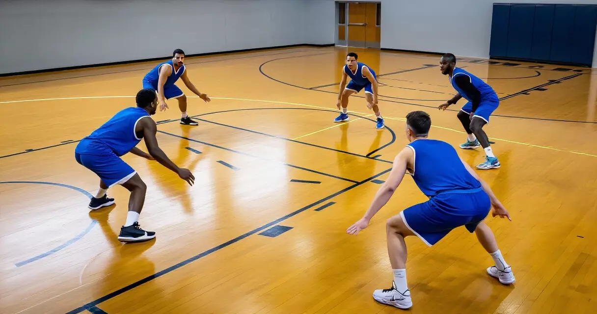 Defenders in pack-line formation inside a basketball court