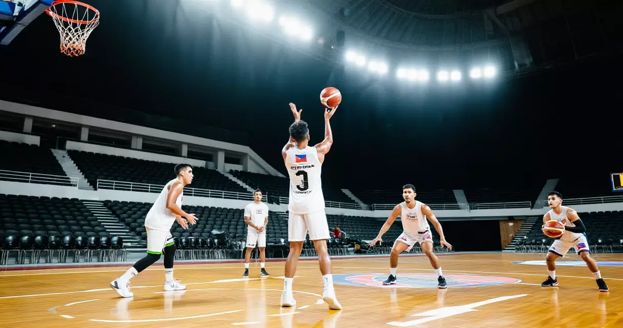 Mga manlalaro ng Gilas Pilipinas sa loob ng isang malaking basketball arena