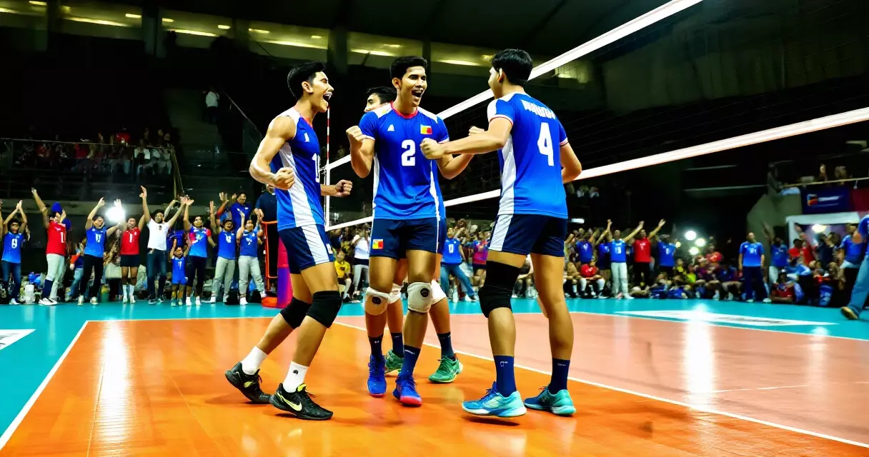 Mga Pilipinong manlalaro ng volleyball na nagdiriwang sa loob ng isang indoor sports arena