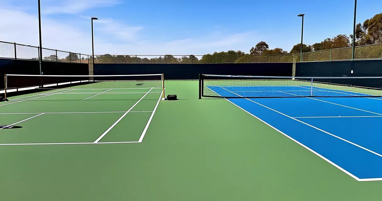 Badminton court and tennis court side by side, showing the difference in court boundaries and net