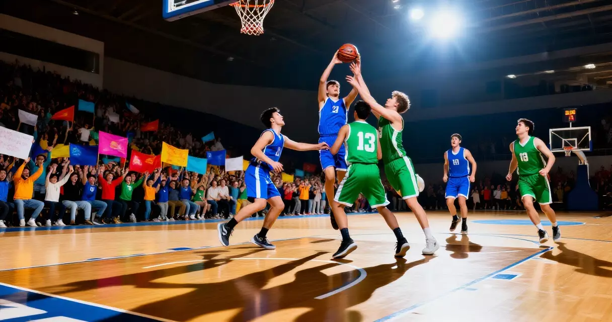 Mga manlalaro ng basketball na nagtatagpo sa loob ng isang malaking arena sa UAAP
