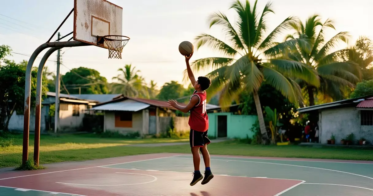 Batang Pilipino na naglalayup sa outdoor basketball court tuwing dapithapon
