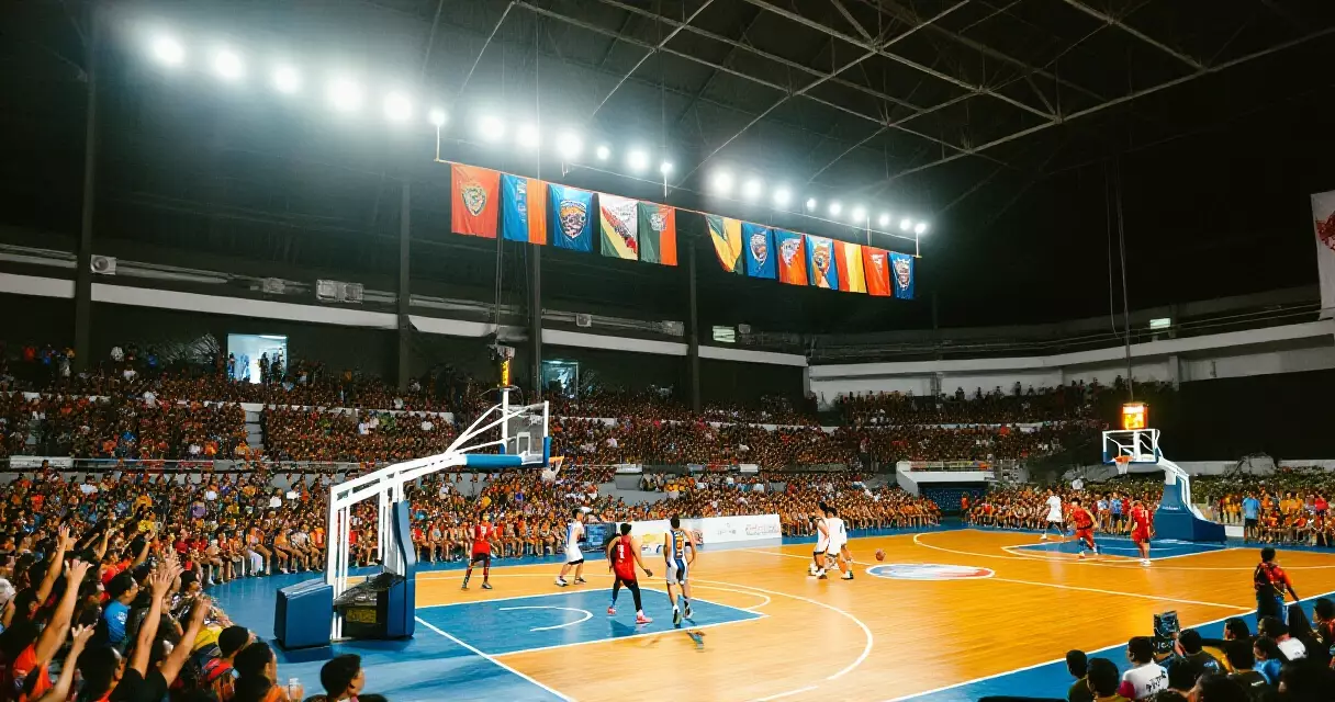 Spectators at a Philippine sports arena watching a basketball game