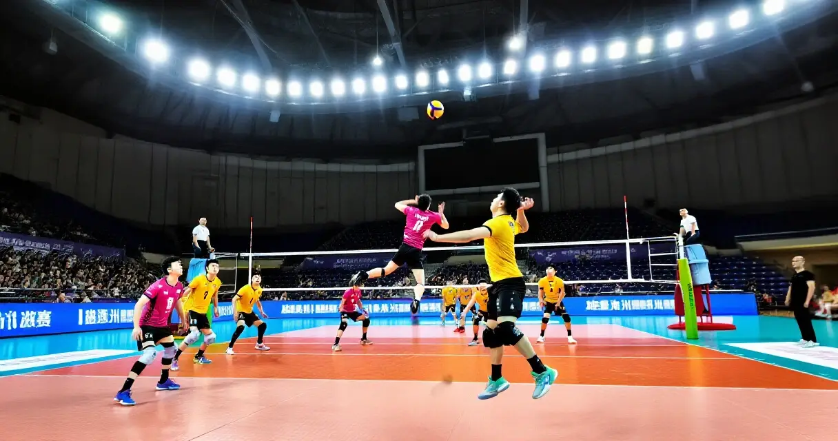 Mga manlalaro ng volleyball sa laro sa loob ng malaking arena sa Pasig